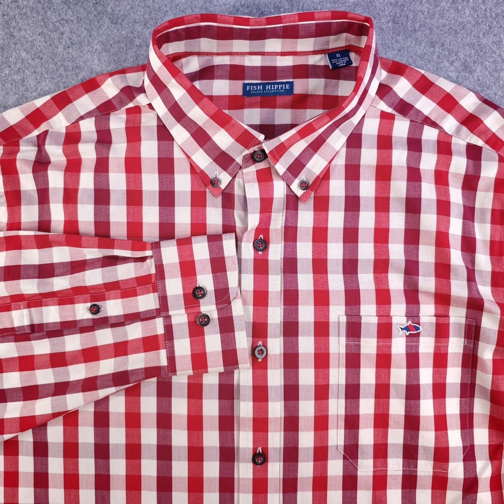 Fish Hippie Solace Collection Shirt Mens XL Red White Buffalo Check Long Sleeve